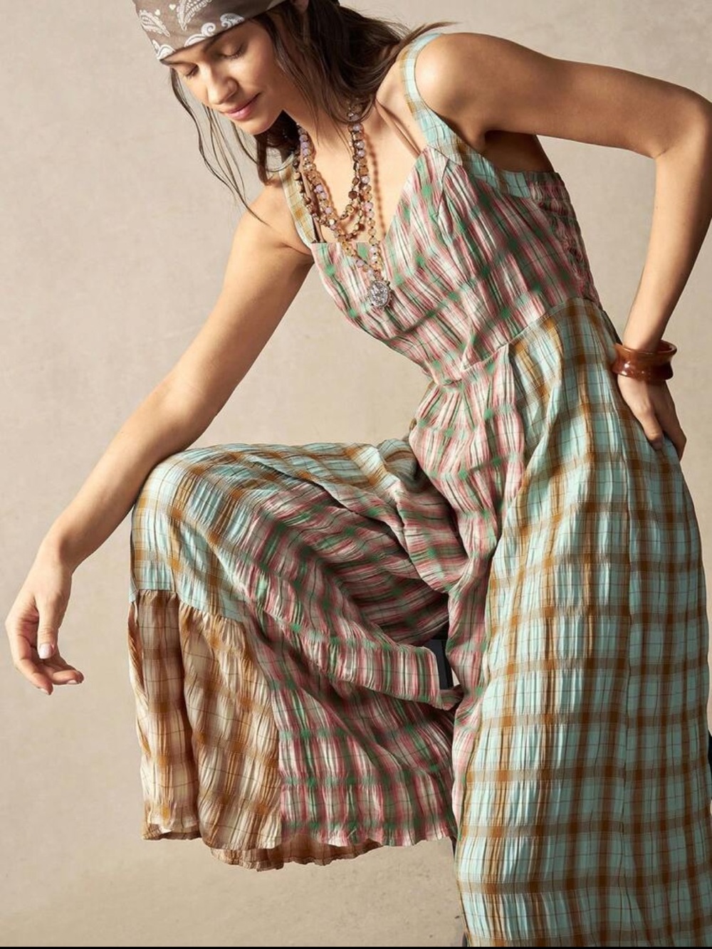 Woven Plaid Patchwork Print Wide Leg Pants Jumpsuit